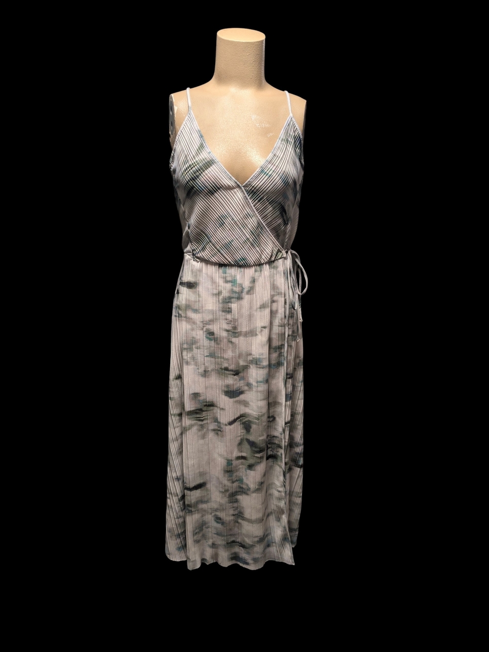 H&M Pleated Wrap Midi Dress Green & White Abstract Watercolor Wrap Dress